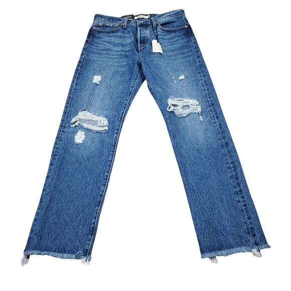 Levi's Premium Wedgie Straight Jeans Distressed Ripped Destroyed Blue Size 28x28 - Picture 2 of 12
